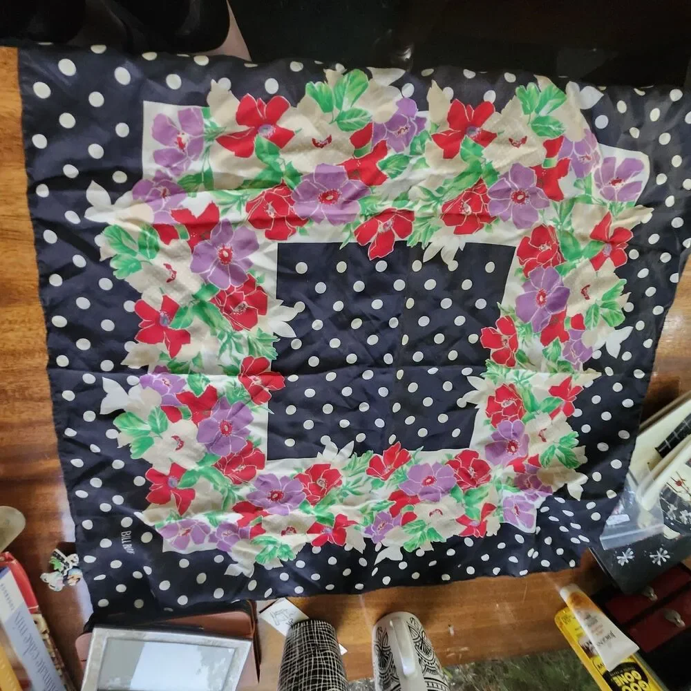 Bill Blass Vintage Women's Square Scarf Polka Dot Floral Black Red Purple Green